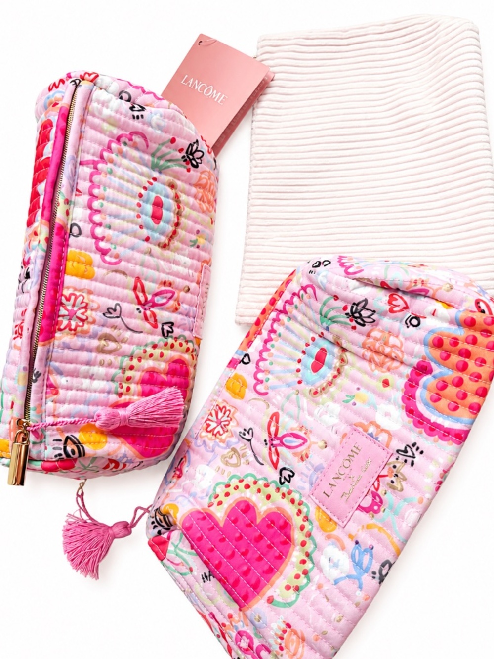 3-Piece Lancôme Quilted Cosmetic Bag Set Pink Floral Travel Makeup Pouches